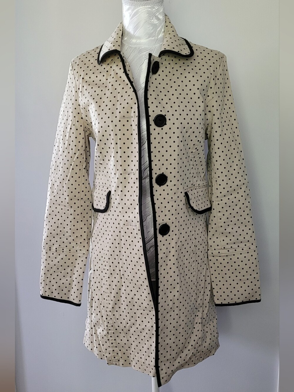 twik Cream Polka Dot Trench Coat with Black Trim